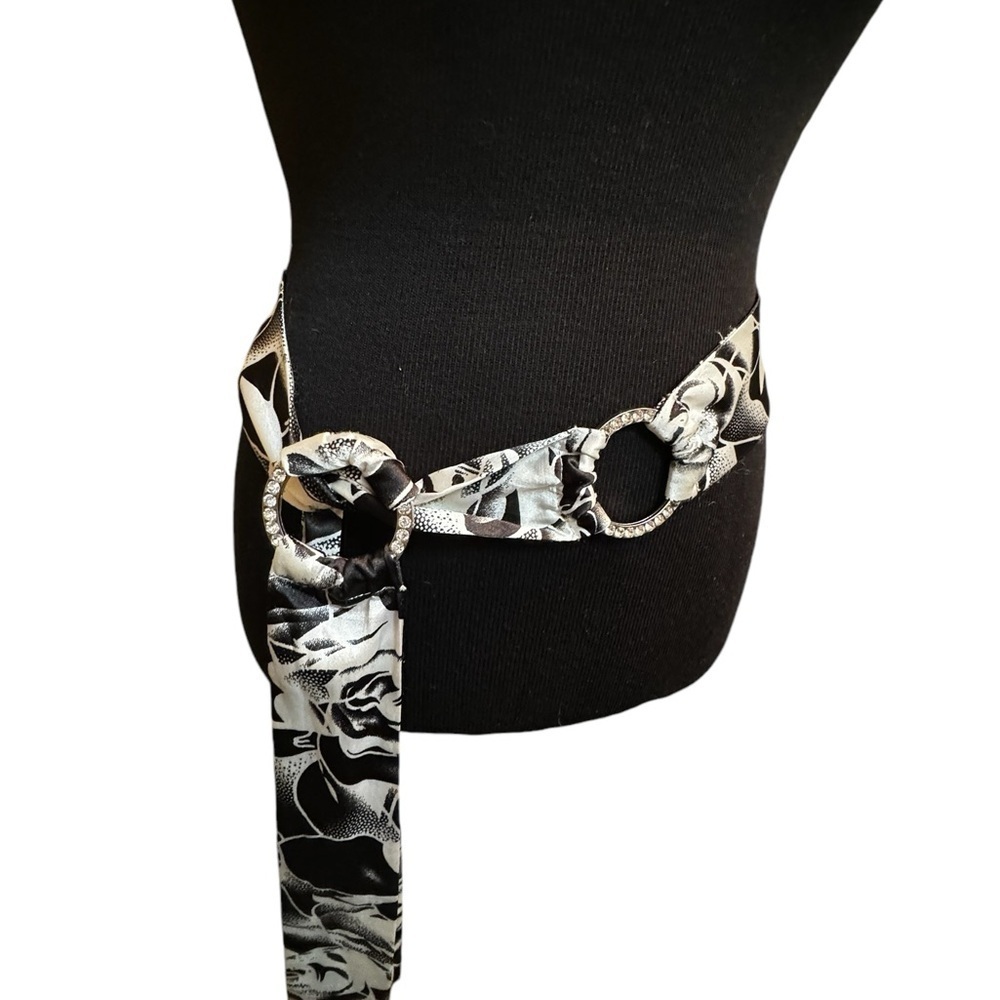 Y2K Style Bling Belt Rhinestone Accents Black and White Floral Party Floral